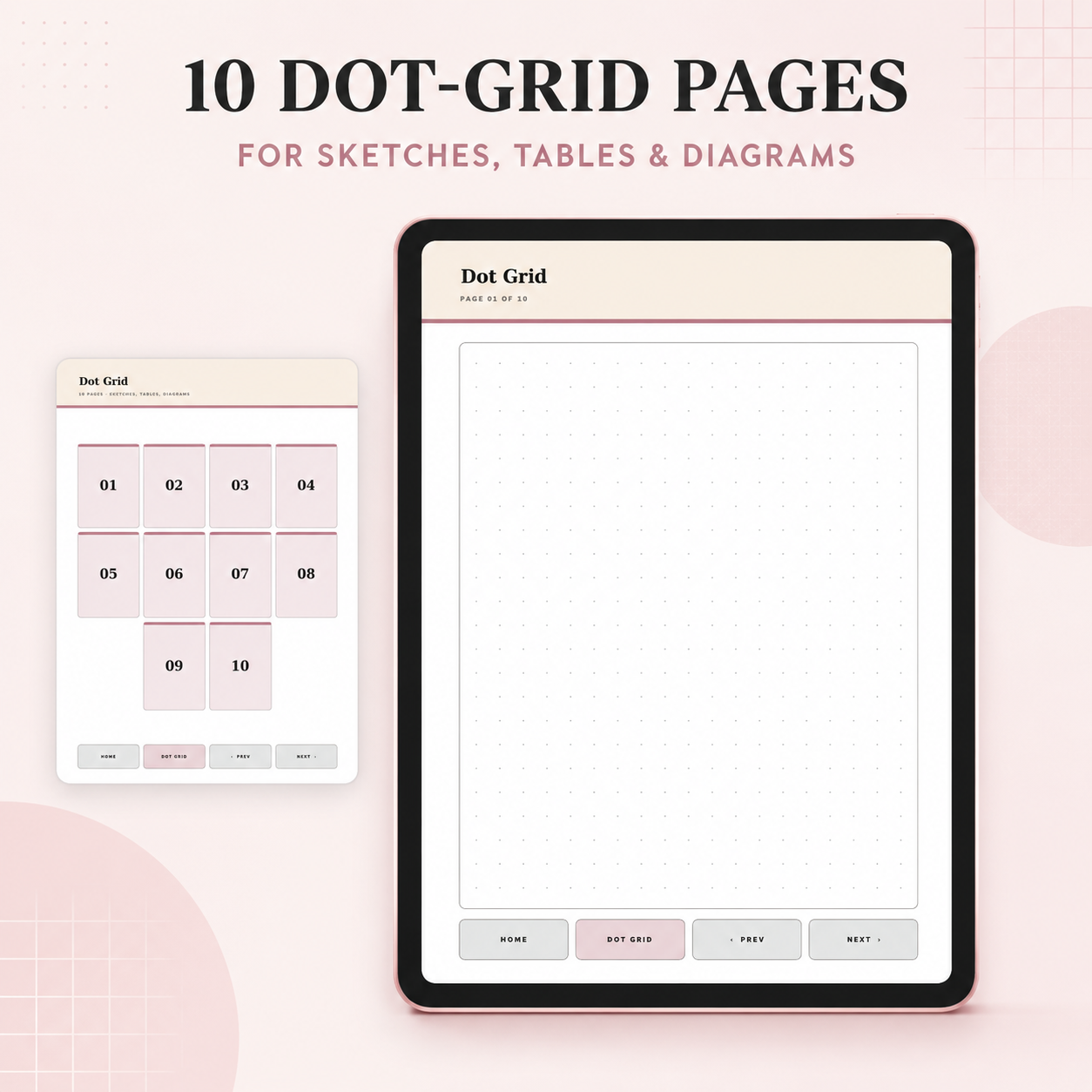 Digital product preview showing a tablet and a small phone mockup displaying dot grid planner pages
