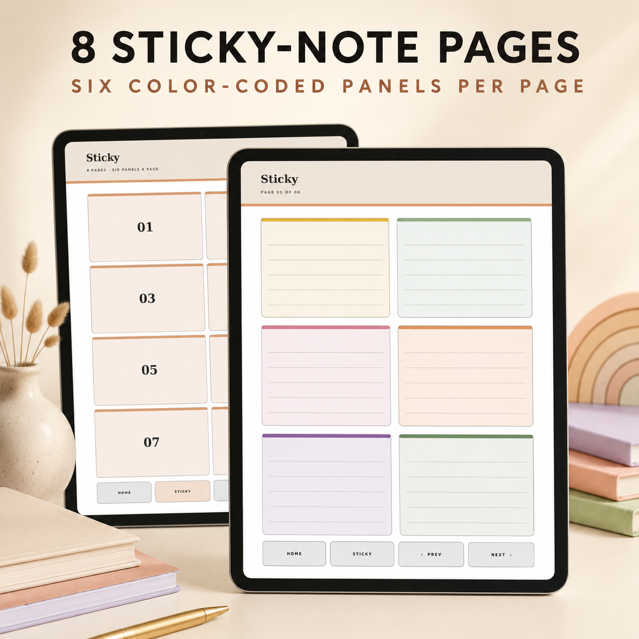 Two tablets displaying digital sticky note page templates on a light beige desk setup. 