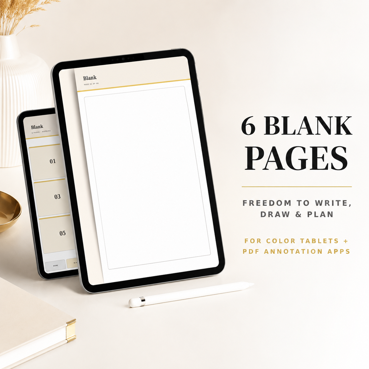 Two digital planner pages displayed on a tablet and phone mockup, with a stylus 