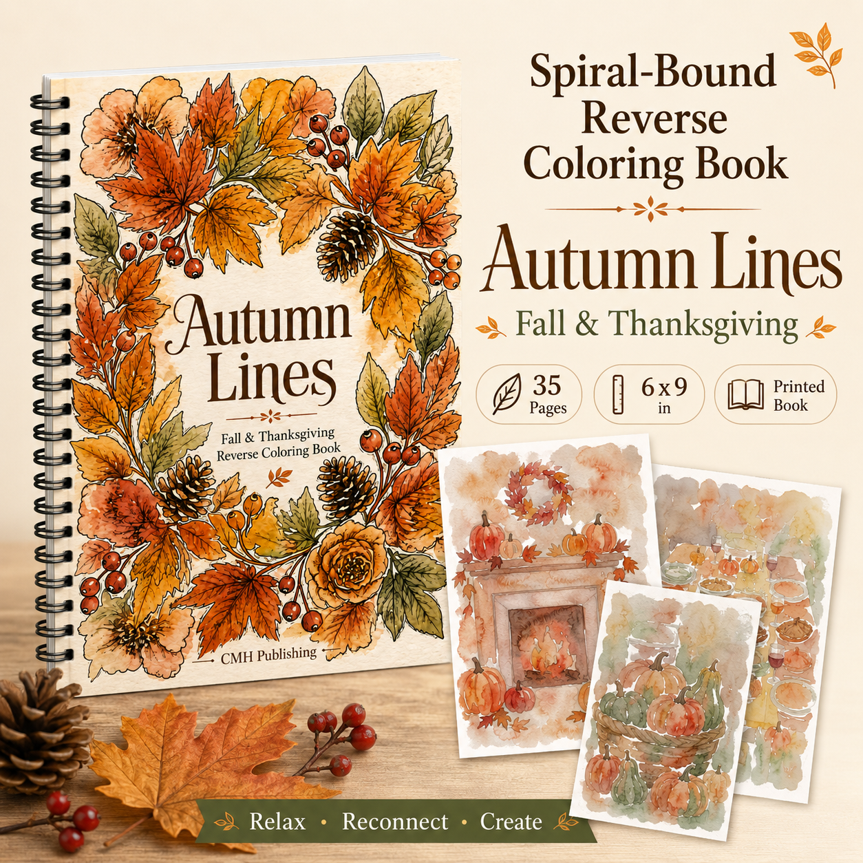 Autumn Lines, Fall & Thanksgiving Reverse Coloring Book for Adults