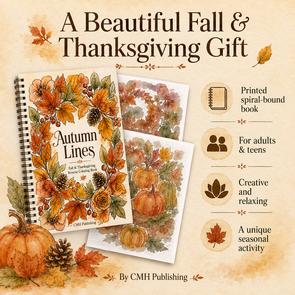 Autumn Lines, Fall & Thanksgiving Reverse Coloring Book for Adults