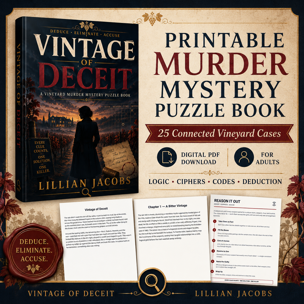 Vintage of Deceit Printable Murder Mystery Puzzle Book for Adults