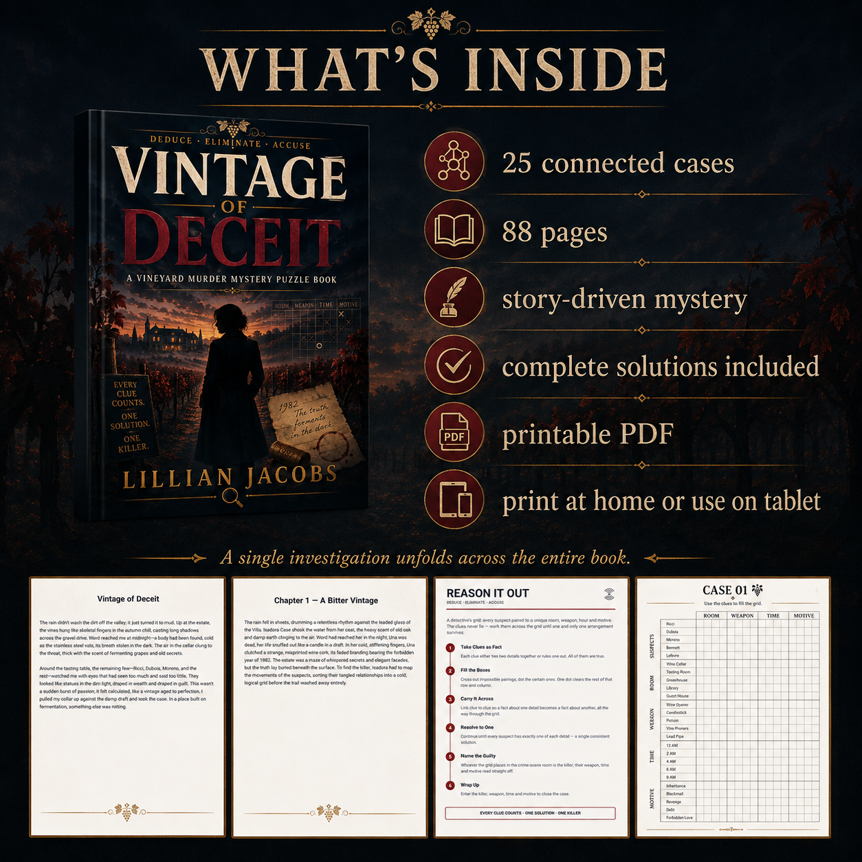 Vintage of Deceit Printable Murder Mystery Puzzle Book for Adults