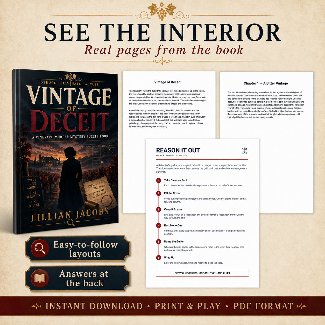 Vintage of Deceit Printable Murder Mystery Puzzle Book for Adults