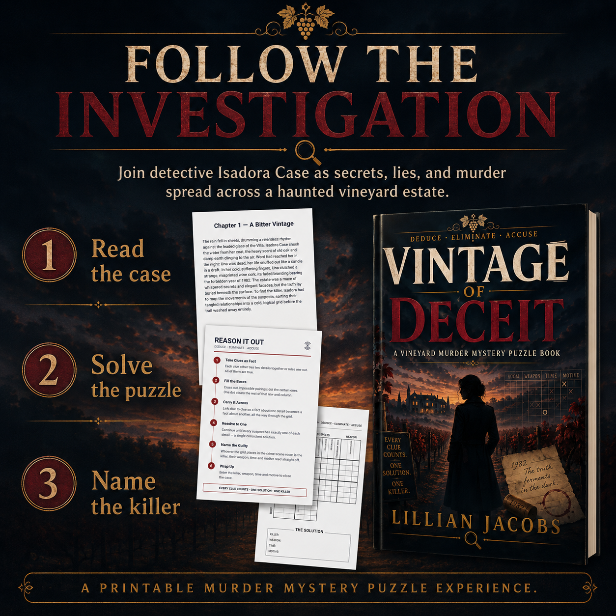 Vintage of Deceit Printable Murder Mystery Puzzle Book for Adults