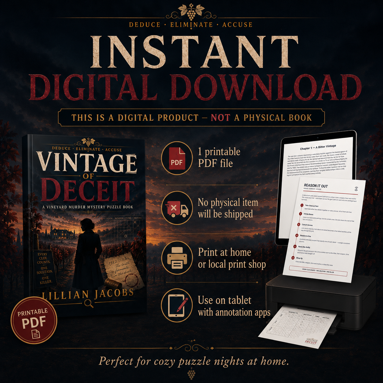 Vintage of Deceit Printable Murder Mystery Puzzle Book for Adults