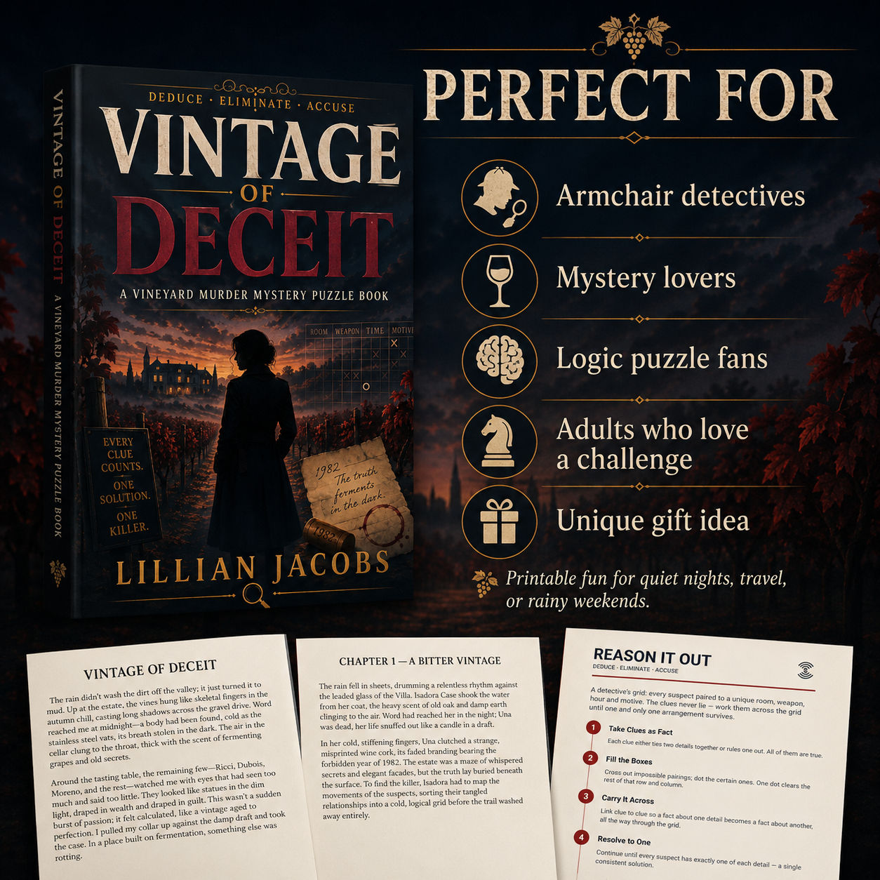 Vintage of Deceit Printable Murder Mystery Puzzle Book for Adults