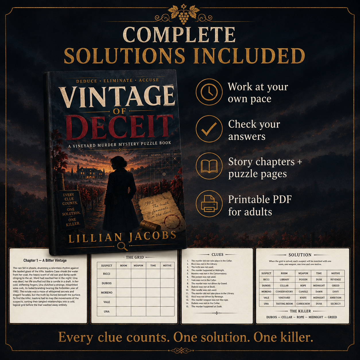 Vintage of Deceit Printable Murder Mystery Puzzle Book for Adults