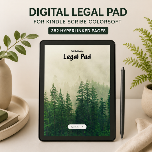 Digital legal pad cover on a tablet screen, with a stylus by CMH Publishing