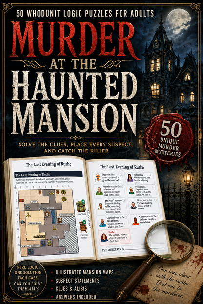 Book cover for 'Murder at the Haunted Mansion' featuring a dark gothic mansion under a full moon, large red and white title text, an open puzzle book with logic clues, a magnifying glass, and a vintage key on a dark illustrated background.