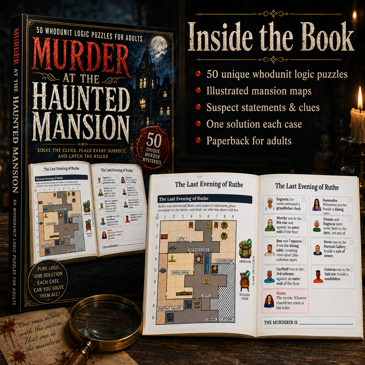 Book cover and interior pages for 'Murder at the Haunted Mansion' displayed on a dark tabletop with a magnifying glass, candle, and decorative props. The cover shows a haunted mansion illustration and bold red title text.