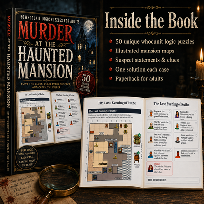 Book cover and interior pages for 'Murder at the Haunted Mansion' displayed on a dark tabletop with a magnifying glass, candle, and decorative props. The cover shows a haunted mansion illustration and bold red title text.