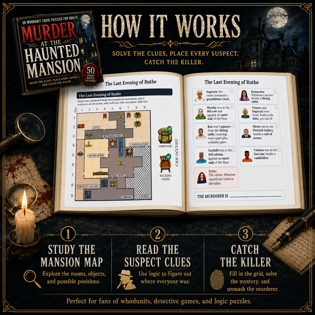 Promotional graphic for a mystery puzzle book titled 'Murder at the Haunted Mansion' showing an open book layout with a mansion floor plan and suspect clues, alongside the book cover and three numbered steps explaining how to solve the puzzle.