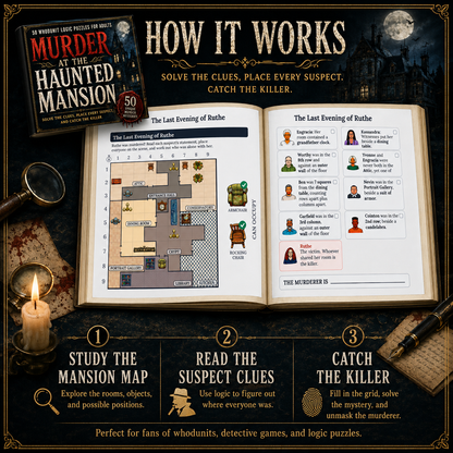 Promotional graphic for a mystery puzzle book titled 'Murder at the Haunted Mansion' showing an open book layout with a mansion floor plan and suspect clues, alongside the book cover and three numbered steps explaining how to solve the puzzle.