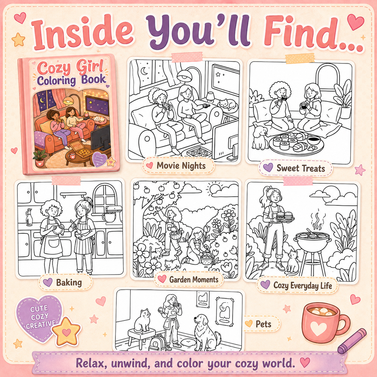 Promotional graphic for a Cozy Girl Coloring Book, showing the pink-covered book cover and eight black-and-white interior scene coloring pages