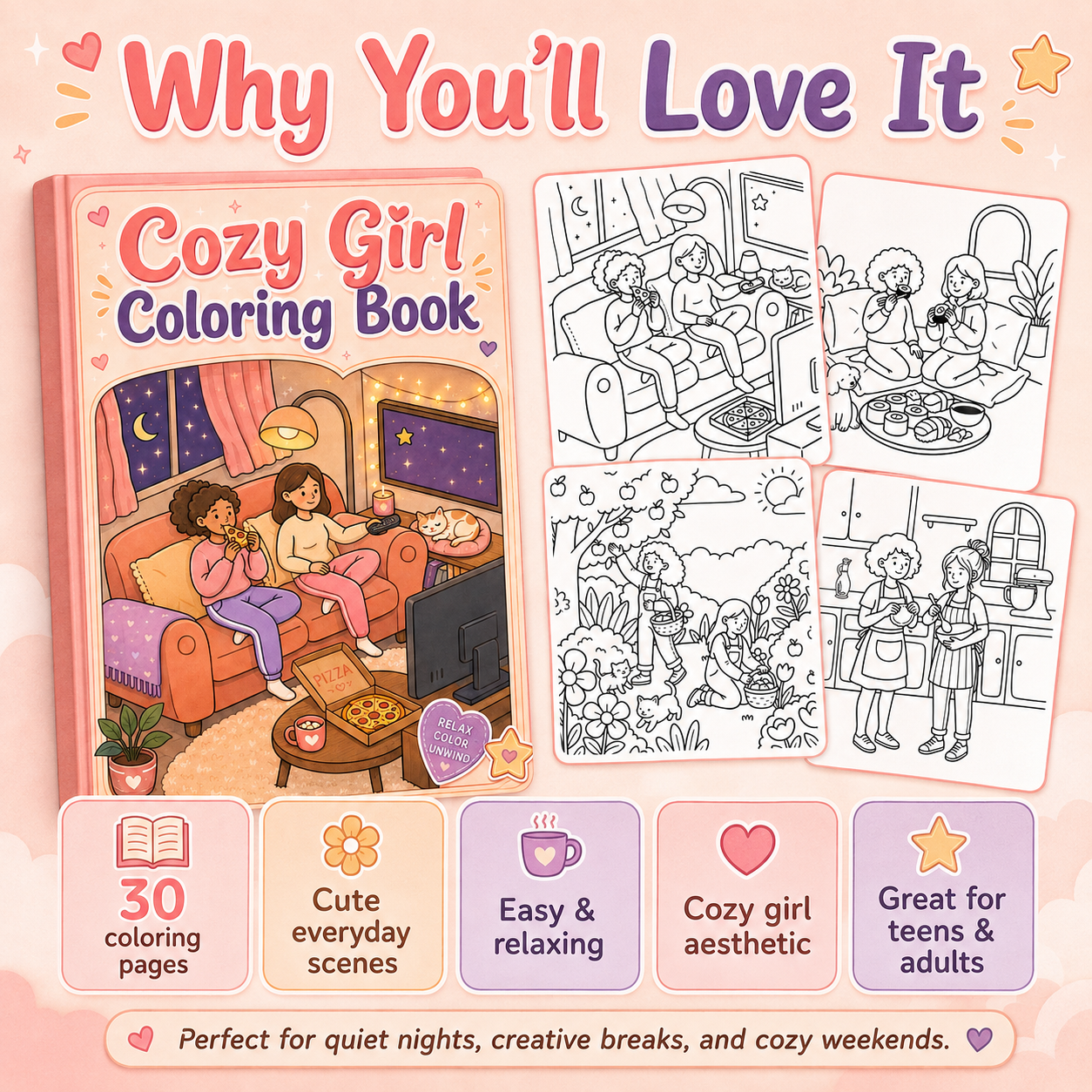 Promotional graphic for the Cozy Girl Coloring Book on a soft pink background by CMH Publishing