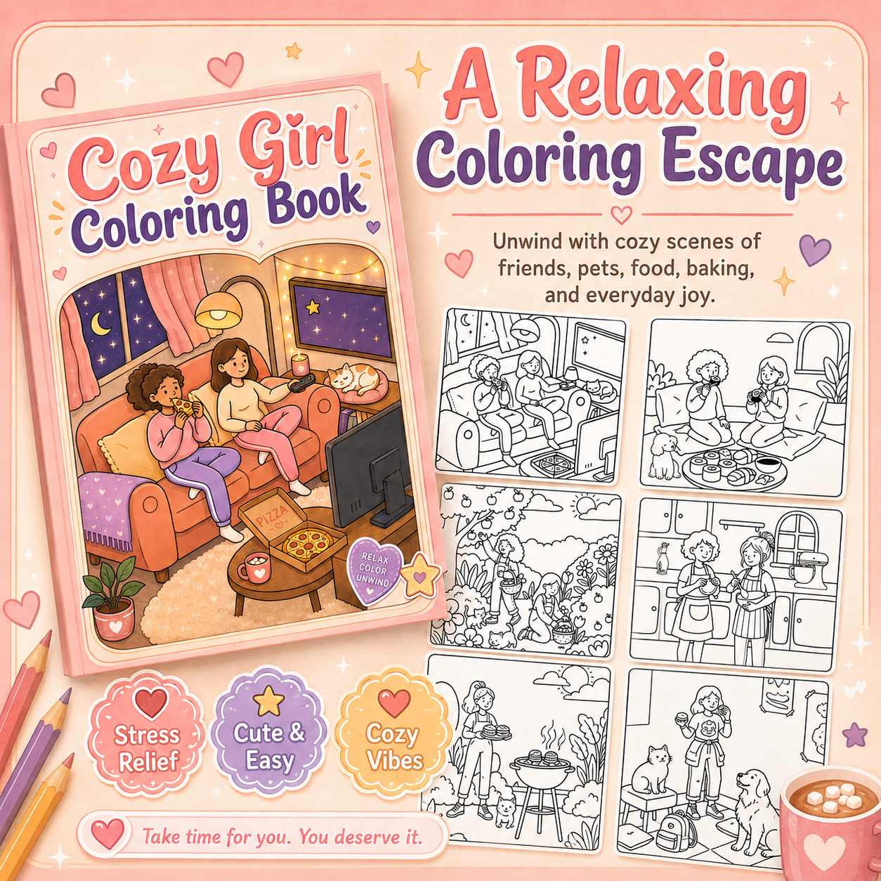 Promotional graphic for the Cozy Girl Coloring Book, showing the illustrated cover, several black-and-white interior scene pages