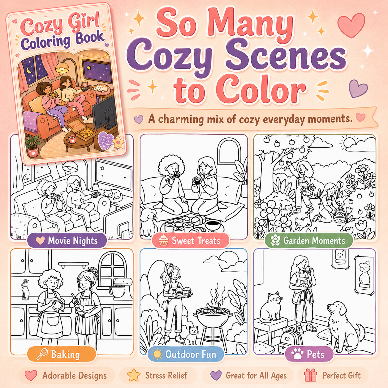 CMH Publishing sample illustrated scenes including movie nights, sweet treats, garden moments, baking, outdoor fun, and pets.