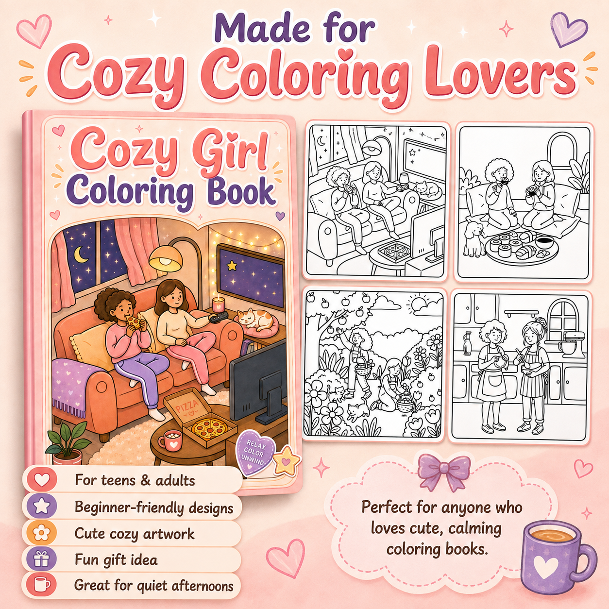 Promotional graphic for a cozy coloring book set, featuring a hardcover book titled 'Cozy Girl Coloring Book' 