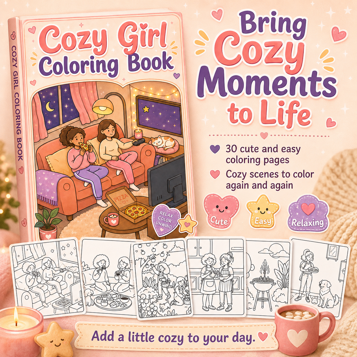 Cozy Girl Coloring Book cover shown with several black-and-white coloring page previews and promotional text on a warm beige background. CMH Publishing