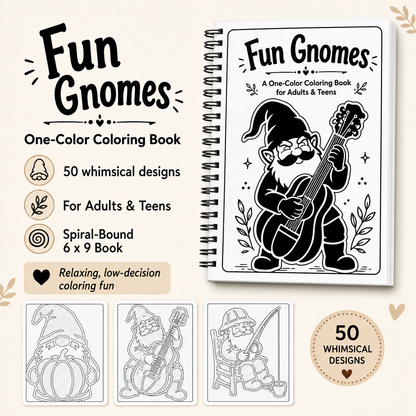 Fun Gnomes spiral-bound one-color coloring book cover by CMH Publishing