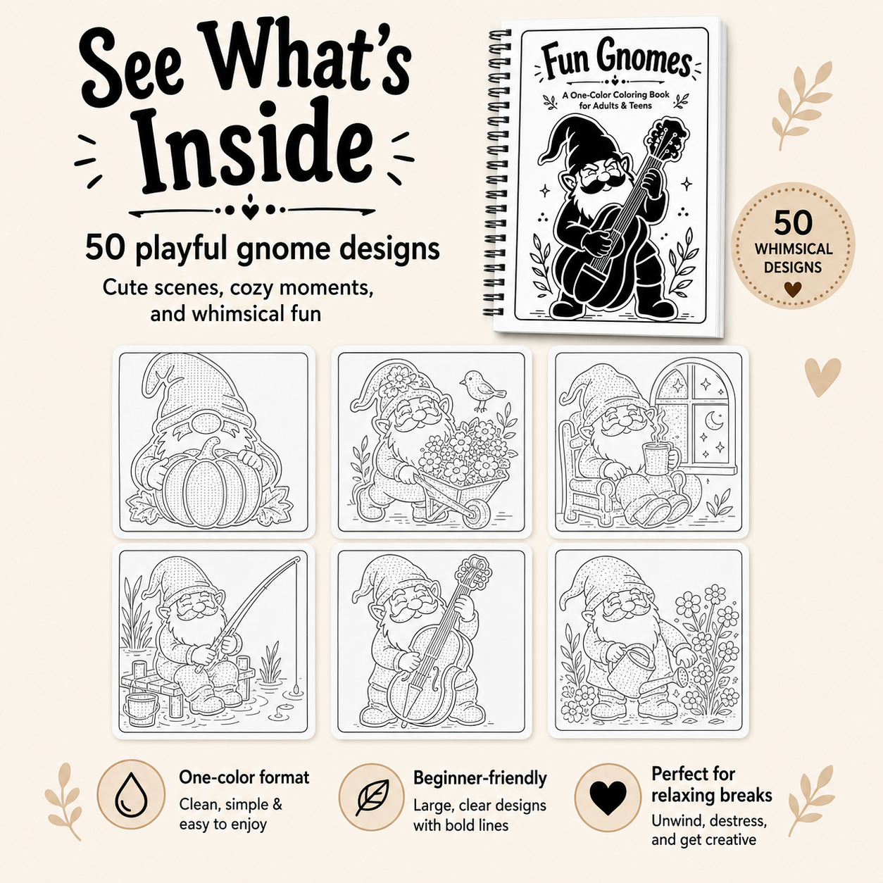 The image includes a notebook cover sample, six smaller line-art gnome scenes, and feature callouts such as "50 playful gnome designs" and "One-color format.