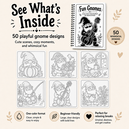 The image includes a notebook cover sample, six smaller line-art gnome scenes, and feature callouts such as "50 playful gnome designs" and "One-color format.