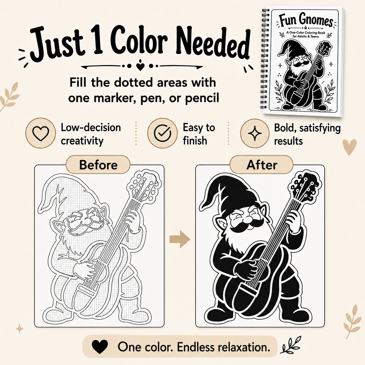 Promotional graphic for a coloring book titled 'Fun Gnomes' showing the cover and a before/after demonstration. The text reads 'Just 1 Color Needed' and explains that the dotted black-and-white gnome illustration can be filled in with one marker, pen, or pencil.