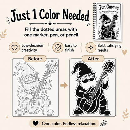 Promotional graphic for a coloring book titled 'Fun Gnomes' showing the cover and a before/after demonstration. The text reads 'Just 1 Color Needed' and explains that the dotted black-and-white gnome illustration can be filled in with one marker, pen, or pencil.