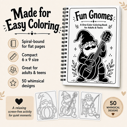 Fun Gnomes one-color coloring book with black and white gnome illustrations, shown on a beige promotional background with text highlighting spiral binding, compact size, and 50 whimsical designs.