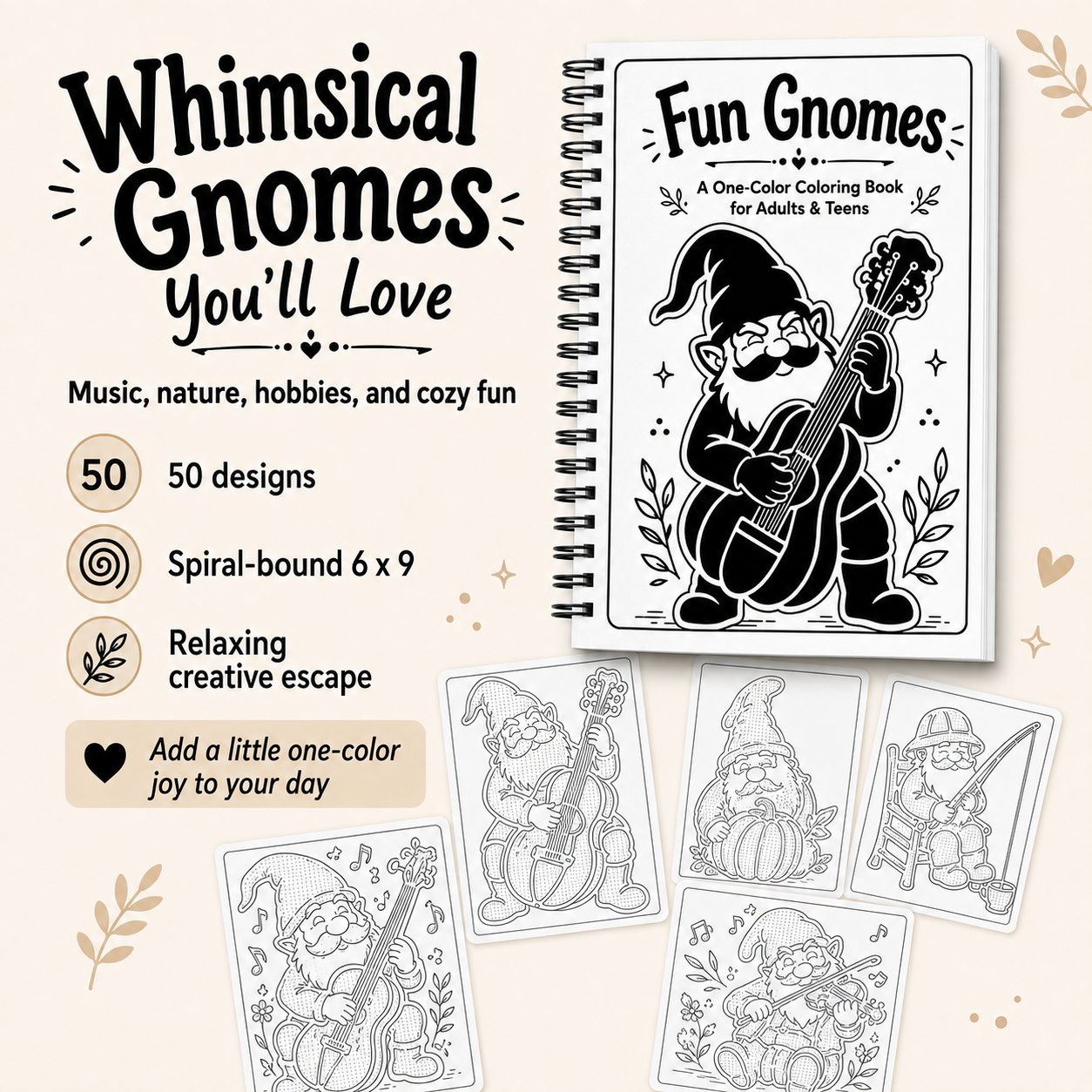 Promotional graphic for the book 'Whimsical Gnomes You'll Love' showing the spiral-bound coloring book cover, several black-and-white gnome illustration pages, and marketing text on a warm beige background.
