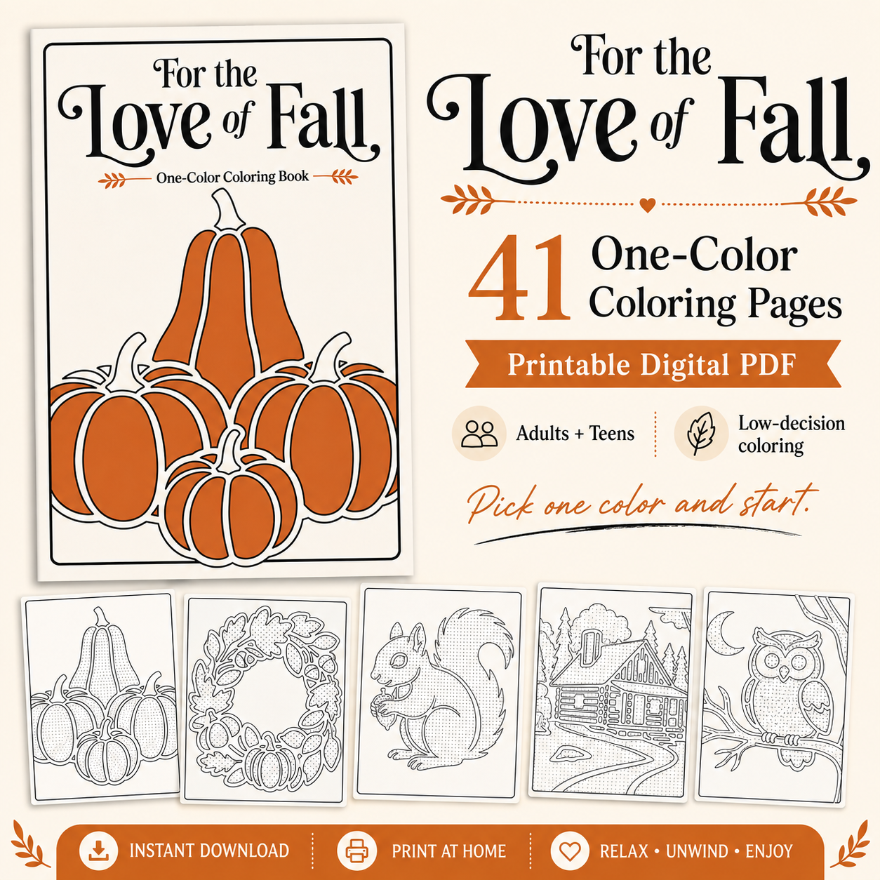 Fall One-Color Coloring Pages for Adults
