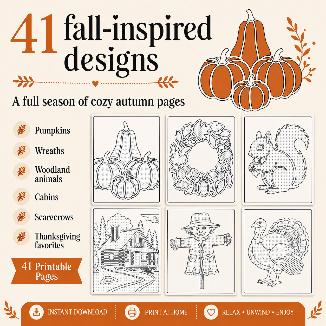 Fall One-Color Coloring Pages for Adults
