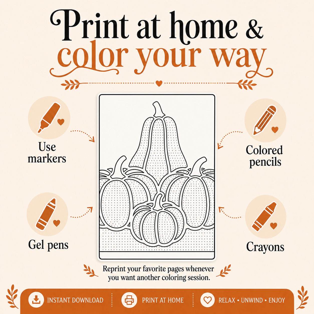 Fall One-Color Coloring Pages for Adults