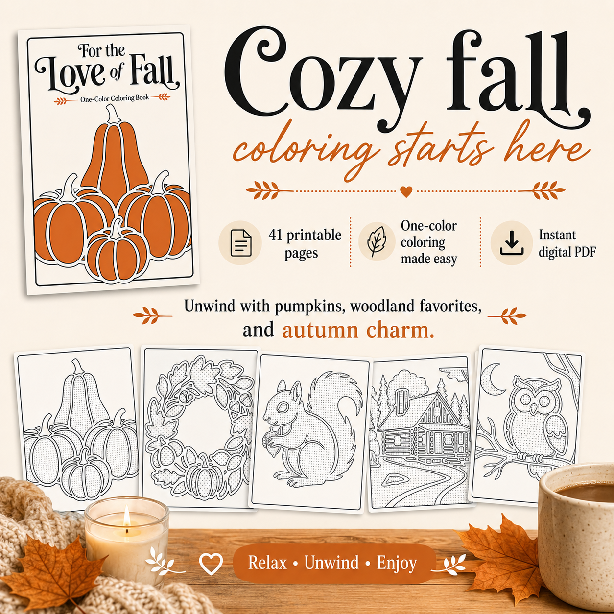 Fall One-Color Coloring Pages for Adults