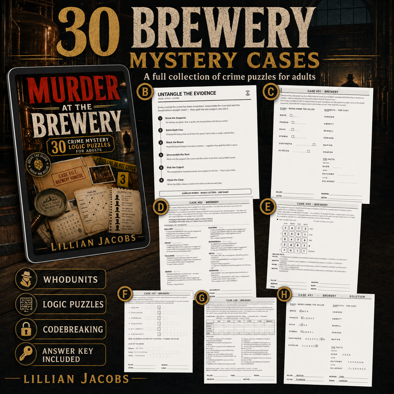 by Lillian Jacobs, showing a book cover, several printed puzzle sheets, and feature icons on a dark wood background.
