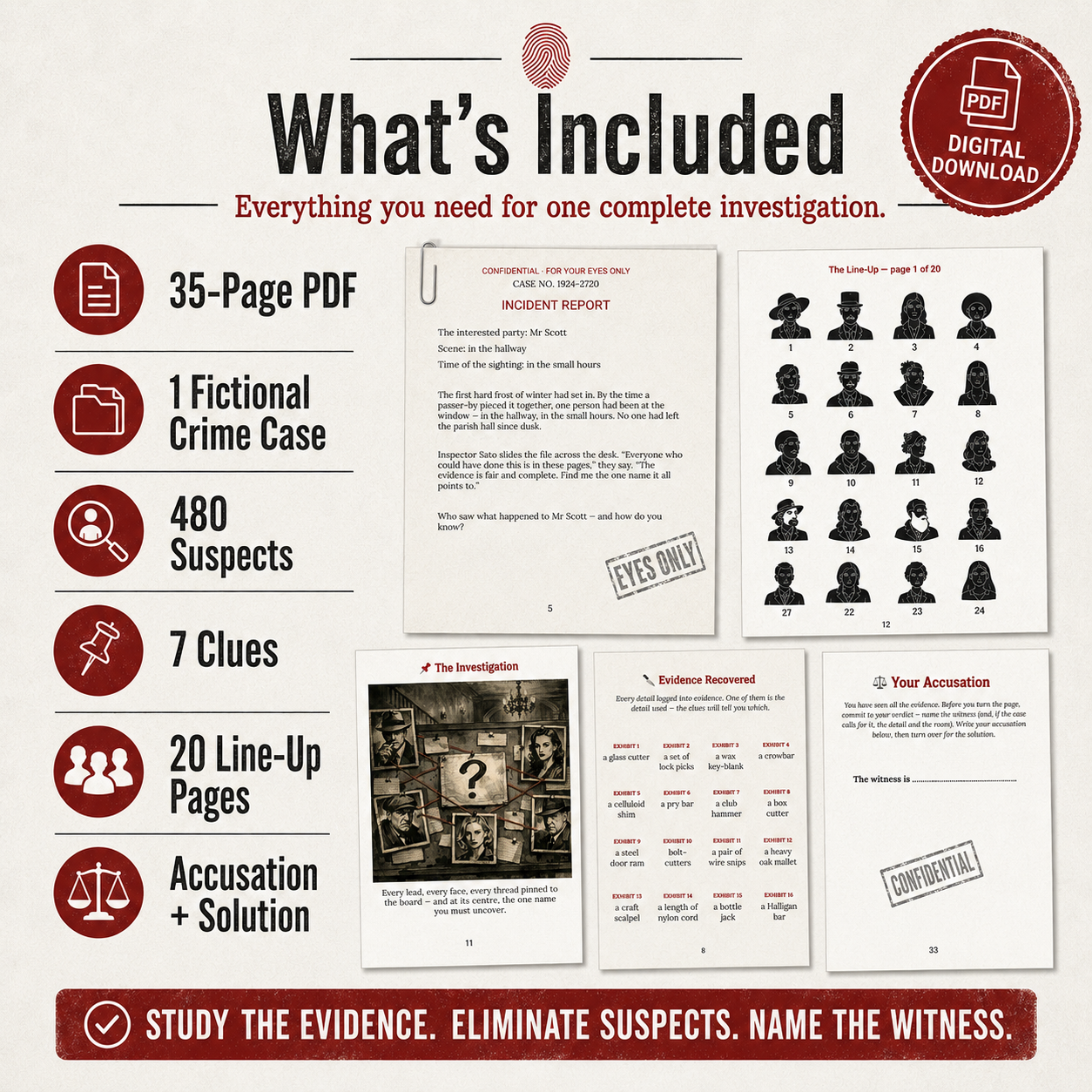 Inspector Sato’s Lineup, Printable Digital Mystery PDF Brain Game