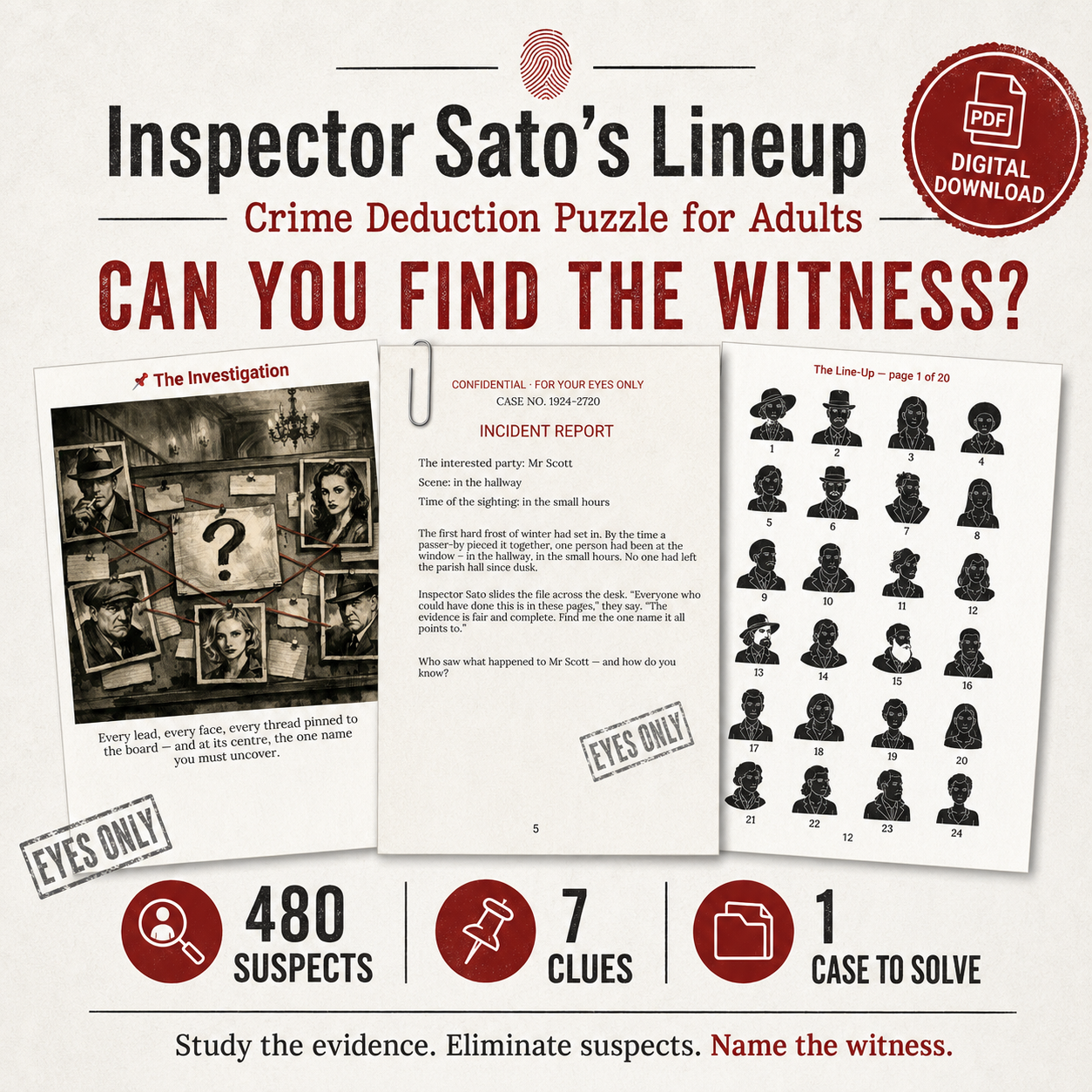 Inspector Sato’s Lineup, Printable Digital Mystery PDF Brain Game