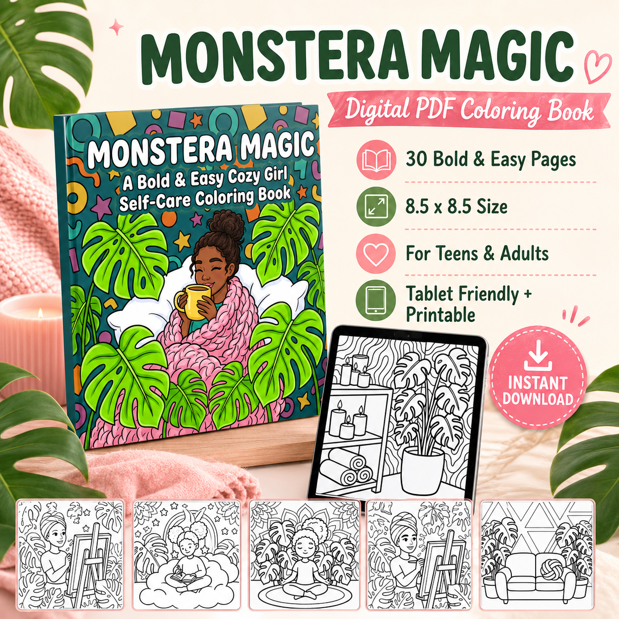 Monstera Magic: Bold & Easy Cozy Girl Self-Care Coloring Book | Digital Printable PDF