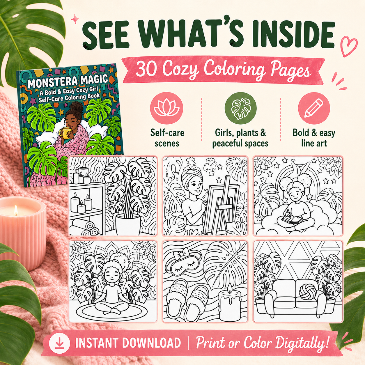 Monstera Magic: Bold & Easy Cozy Girl Self-Care Coloring Book | Digital Printable PDF
