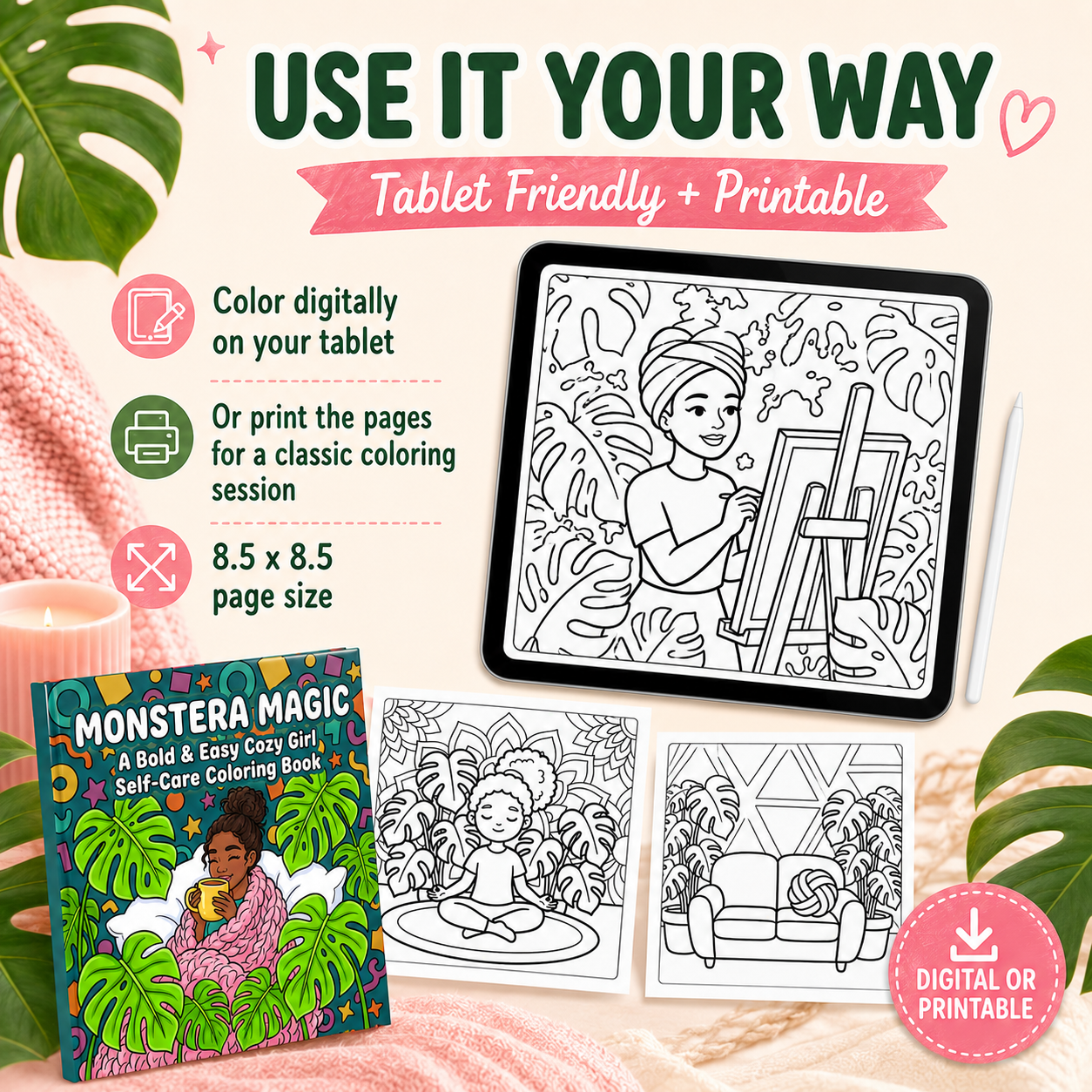 Monstera Magic: Bold & Easy Cozy Girl Self-Care Coloring Book | Digital Printable PDF