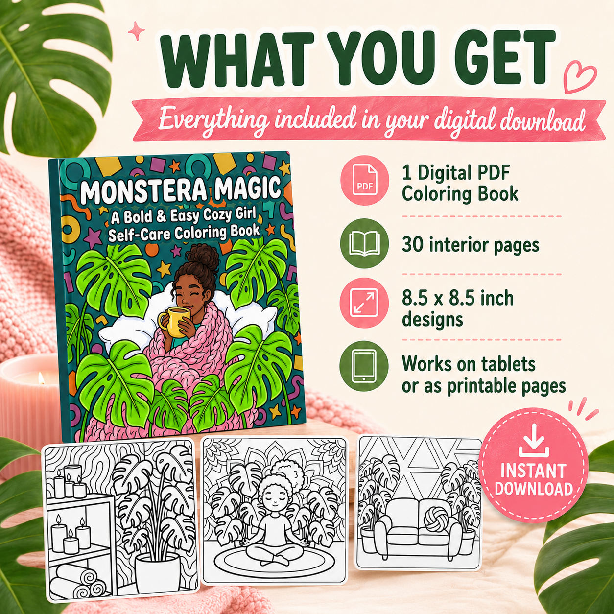 Monstera Magic: Bold & Easy Cozy Girl Self-Care Coloring Book | Digital Printable PDF
