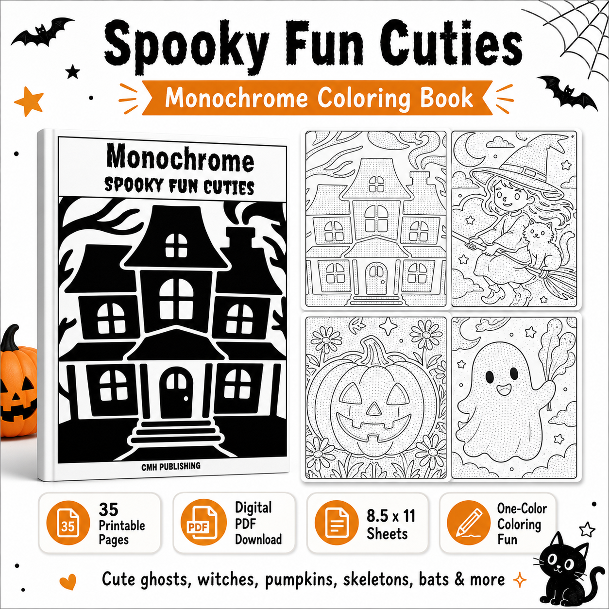 Spooky Fun Cuties Monochrome Coloring Book cover and preview pages shown on a white background with Halloween-themed graphics. The cover reads 'Monochrome Spooky Fun Cuties' and shows a black house illustration.