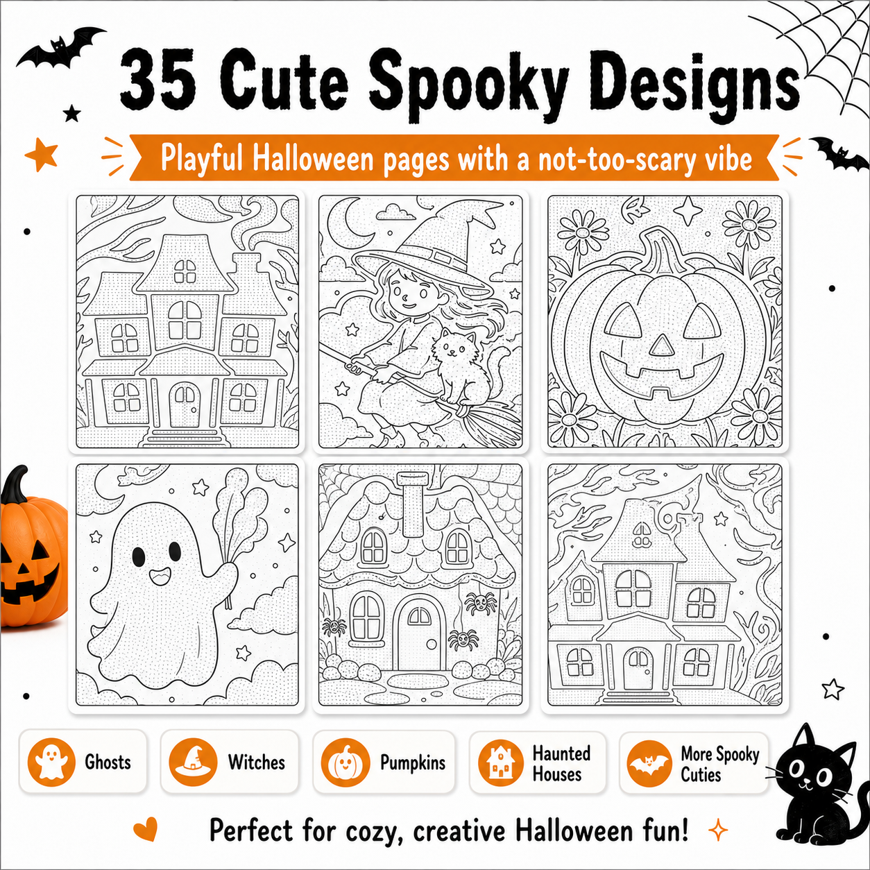Digital Halloween coloring book with 35 printable 8.5 x 11 monochrome pages