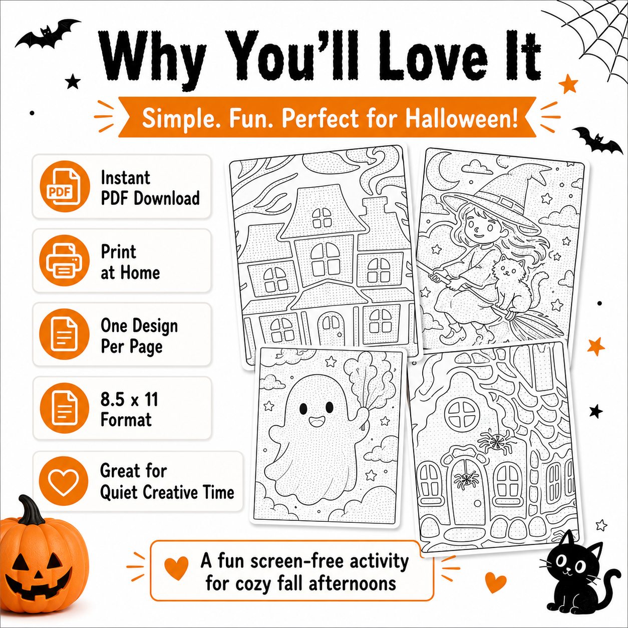 Spooky Fun Cuties: Printable Monochrome Halloween Coloring Book PDF