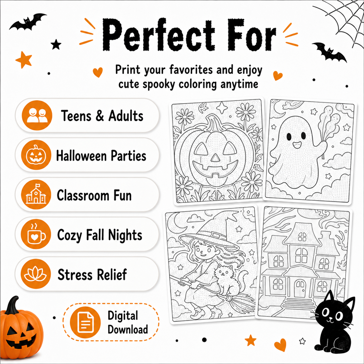 Spooky Fun Cuties: Printable Monochrome Halloween Coloring Book PDF