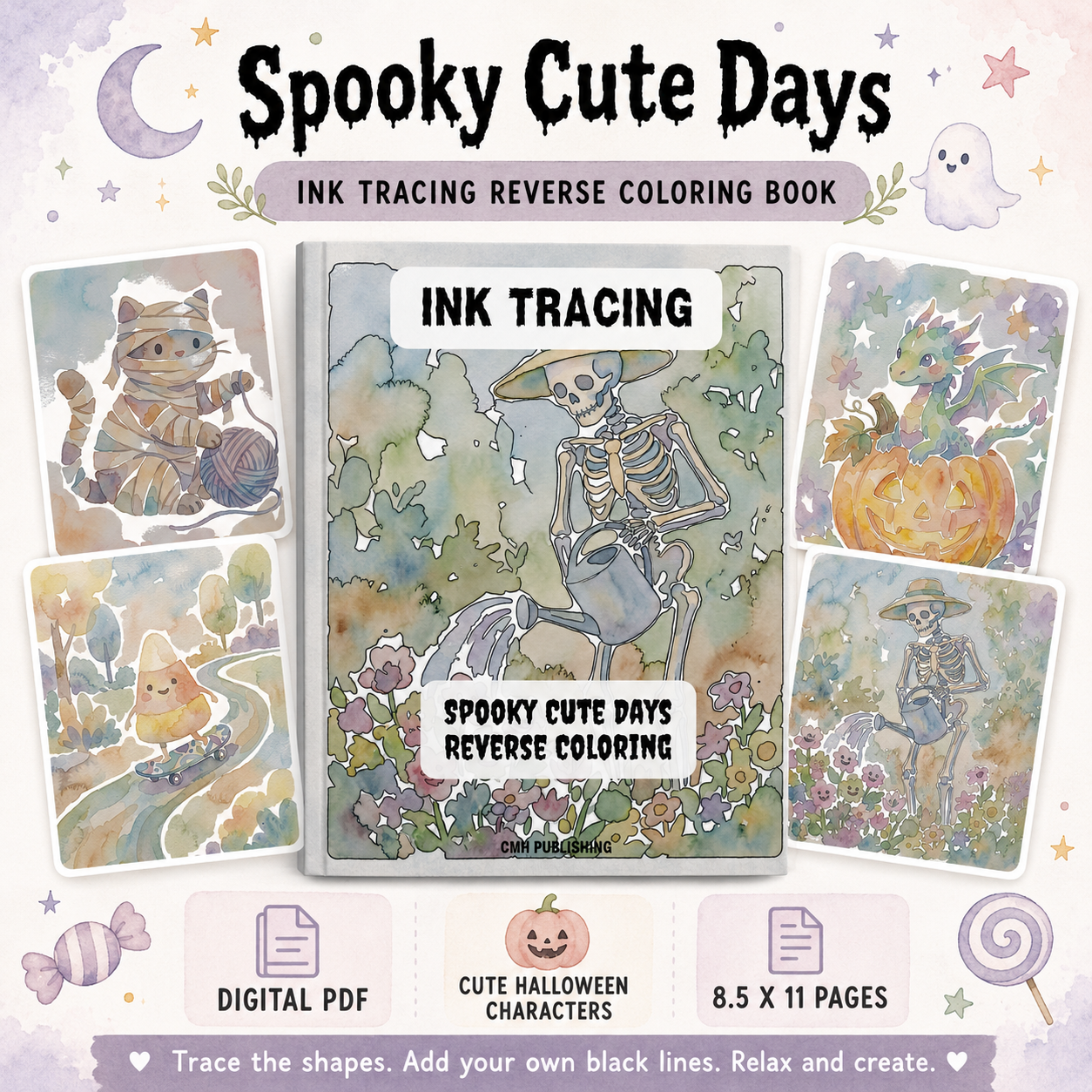Spooky Cute Days Reverse Coloring Book, Printable Digital PDF