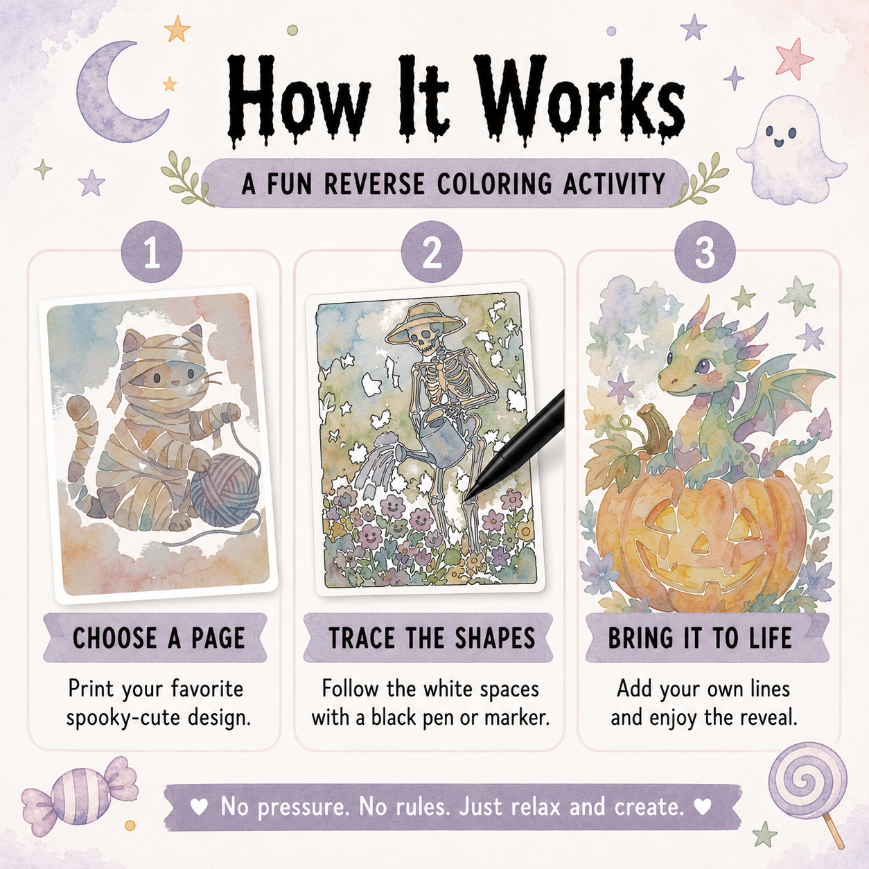 Spooky Cute Days Reverse Coloring Book, Printable Digital PDF