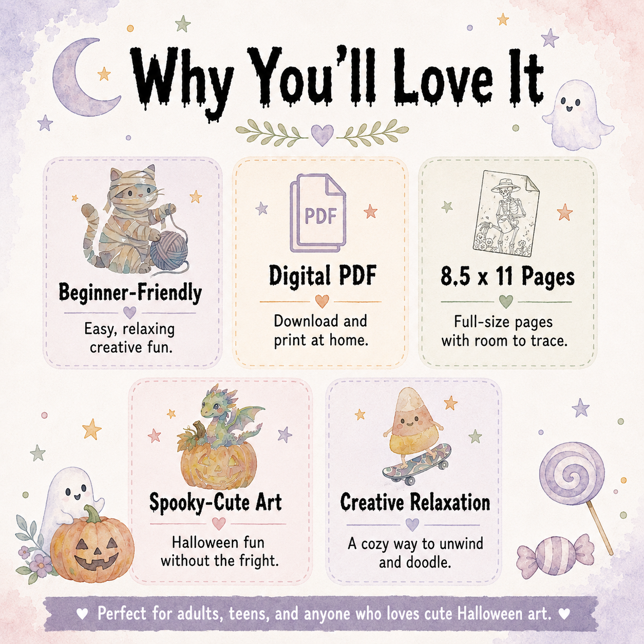 Spooky Cute Days Reverse Coloring Book, Printable Digital PDF