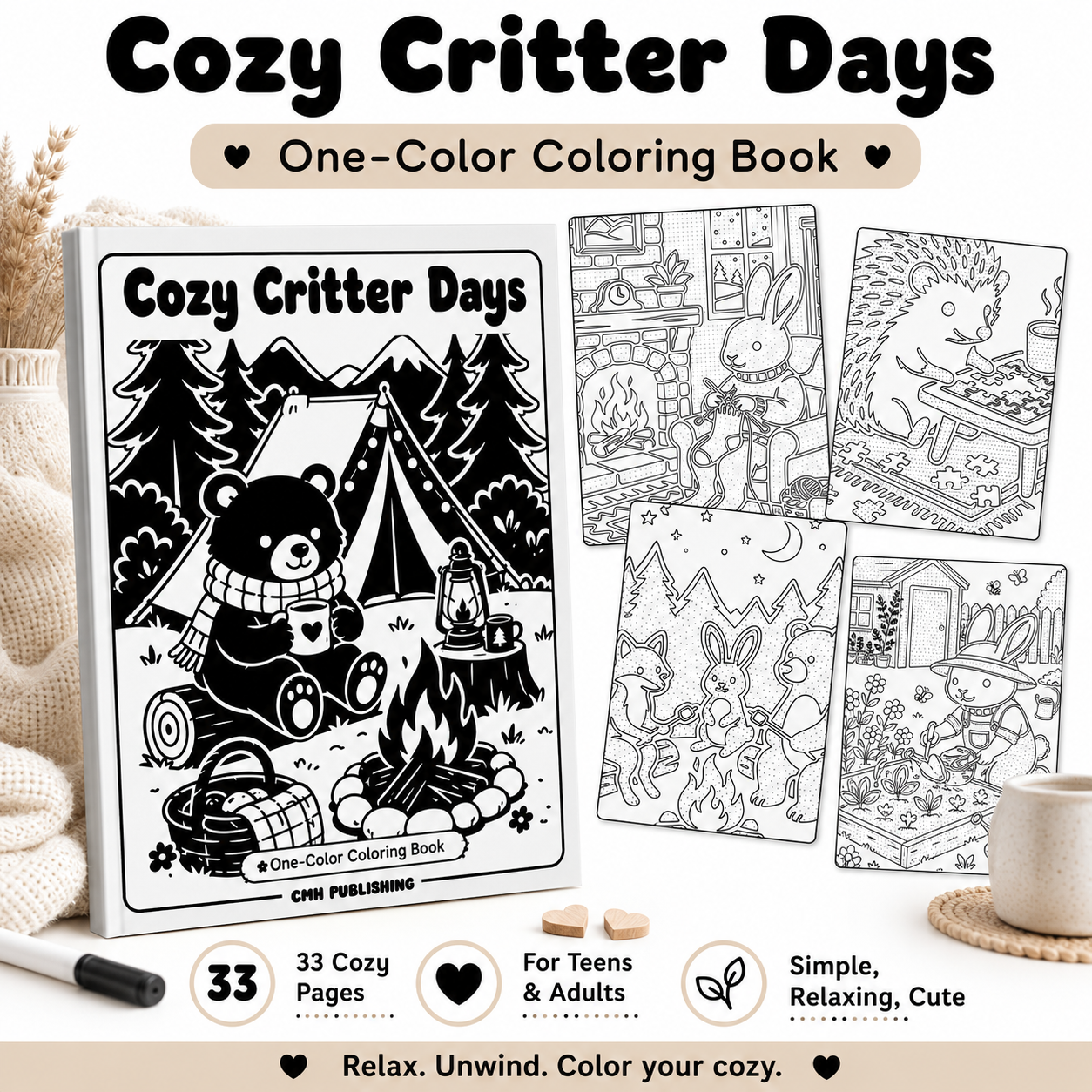 Cozy Critter Days: One-Color Monochrome Coloring Book Printable PDF